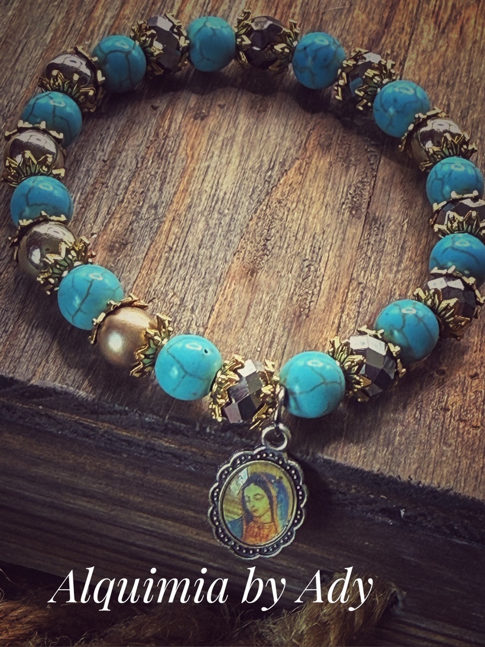 Turquoise and silver GUADALUPANA medal Beaded Bracelet